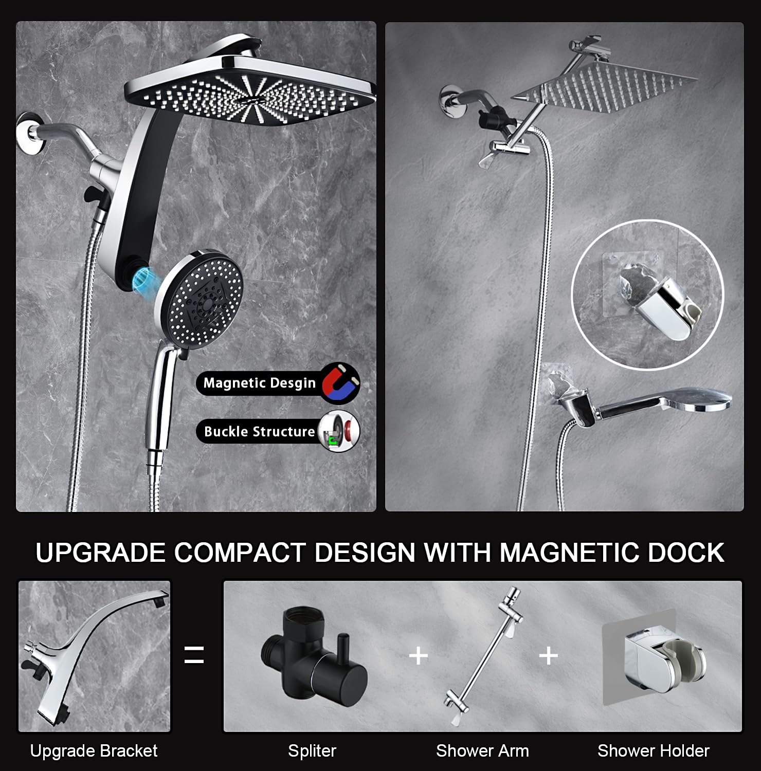 BOZYBO Rain Shower Head with Handheld: High Pressure Shower Heads with Handheld Spray Combo, 12" Rainfall Shower Head and 9 Sprays Hand Showerheads with Magnetic Docking and Power Jets, Chrome 1.8GPM