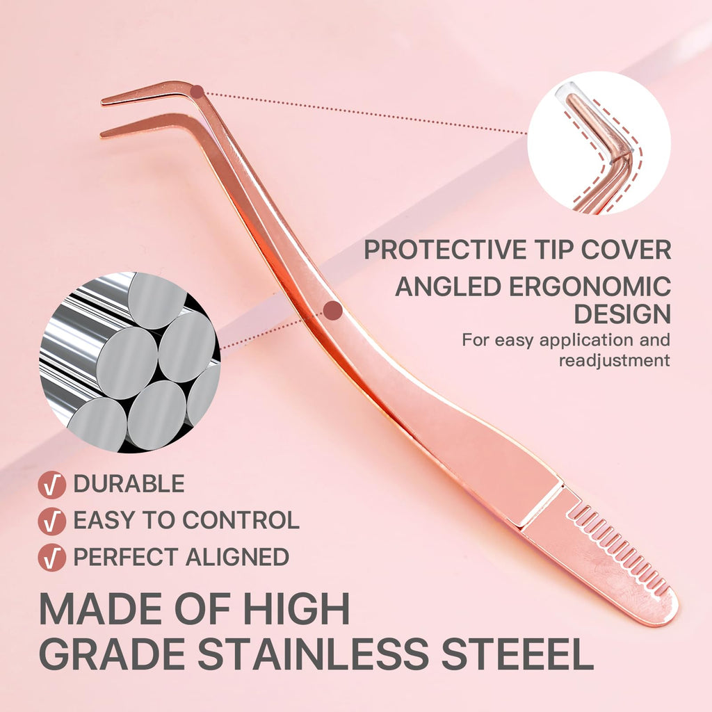 Vznffur Lash Applicator Tool with Comb, Curved Eyelash Tweezers for Precision Placement and Application, Stainless Steel Lash Tool for DIY Eyelash Extensions, Individual Clusters
