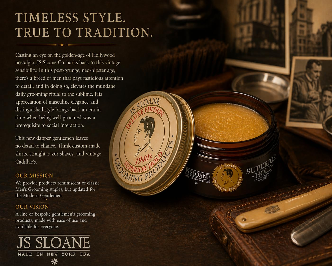 JS Sloane Superior Hold Pomade – Strong Hold Hair Styling Cream, Medium Shine, Water-Based, Reworkable All Day, Ideal for Thick & Coarse Hair – 4 oz