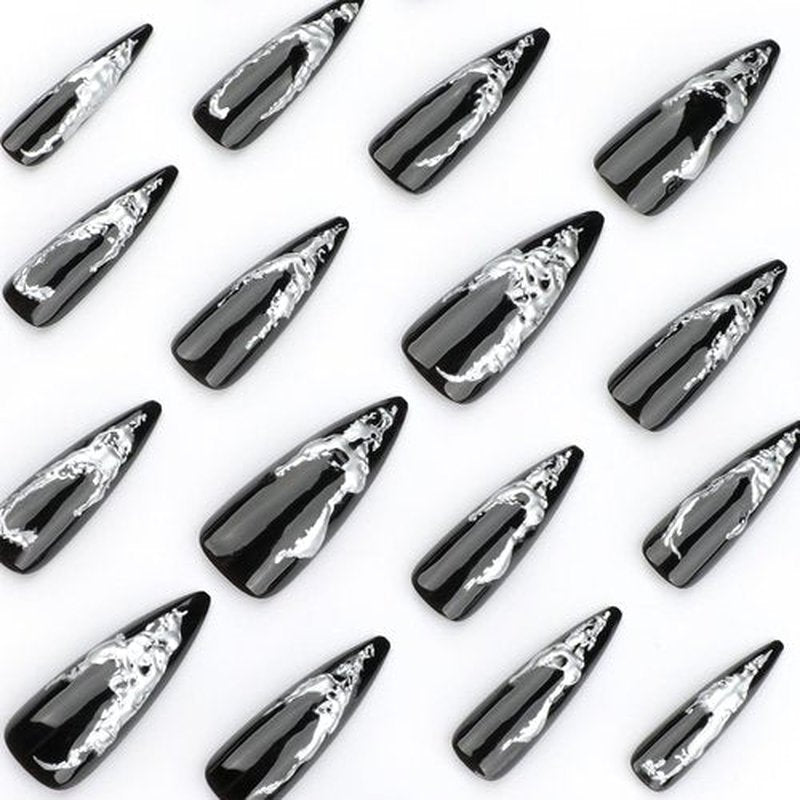 IMSOHOT Press on Nails – 3D Silver Edge, Long Stiletto Fake Nails Black Ombre Glossy Full Cover Reusable Acrylic Glue on Nails Y2K Goth Gel False Nails
