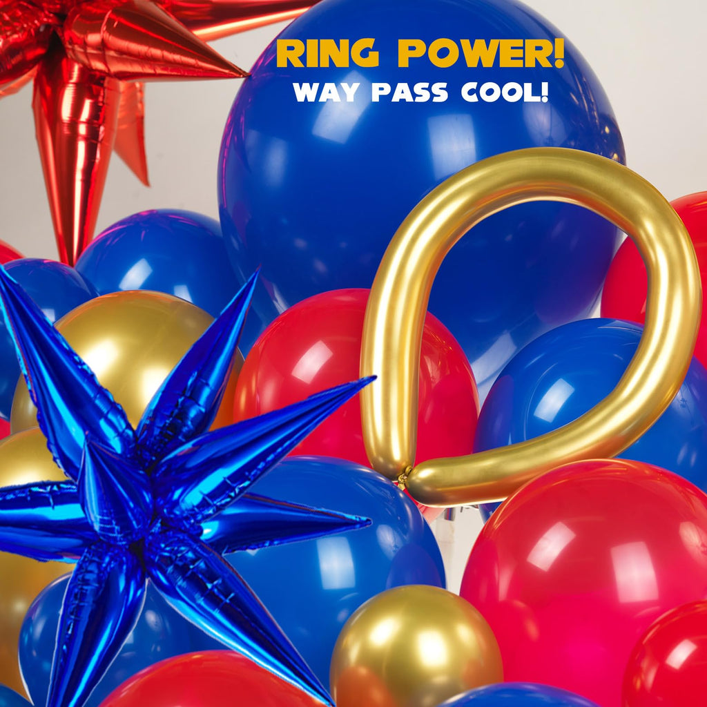 Red Blue Gold Hedgehog Birthday Party Decorations with Letter Lightning foil balloons Banner background backdrop for kid video game Cartoon Movies Super hero themed birthday gamer party decor
