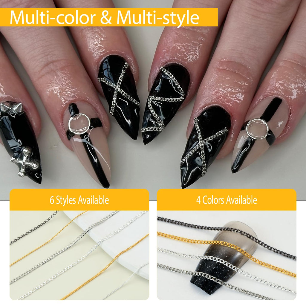 UWETIME 472 Inch Nail Chains for Nail Art 24 Strips 6 Style Gold Silver White Gold Black Metal Chain