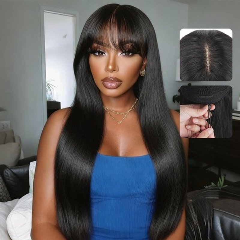 eddfine Straight Human Hair Wigs with Bangs 2x4 Lace Closure Wigs Human Hair 180% Density Drawstring Glueless Wigs Human Hair for Women Lace Front Wigs Human Hair Natural Black 18inch.