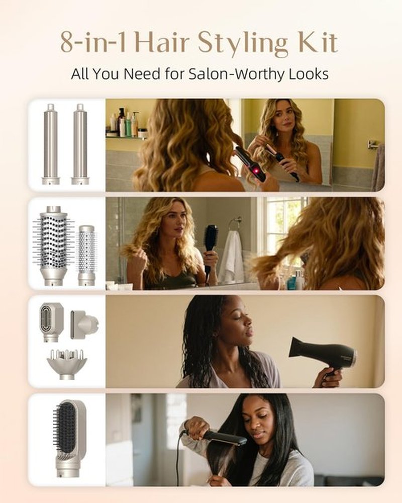 RUCHA 8 in 1 Hair Styler & Hair Dryer Brush Blow Dryer, 110,000 RPM High Speed Hair Nora Styler, Multi Professional Hot Air Styler for Straightening Curling Volumizing Drying, Champagne Gold