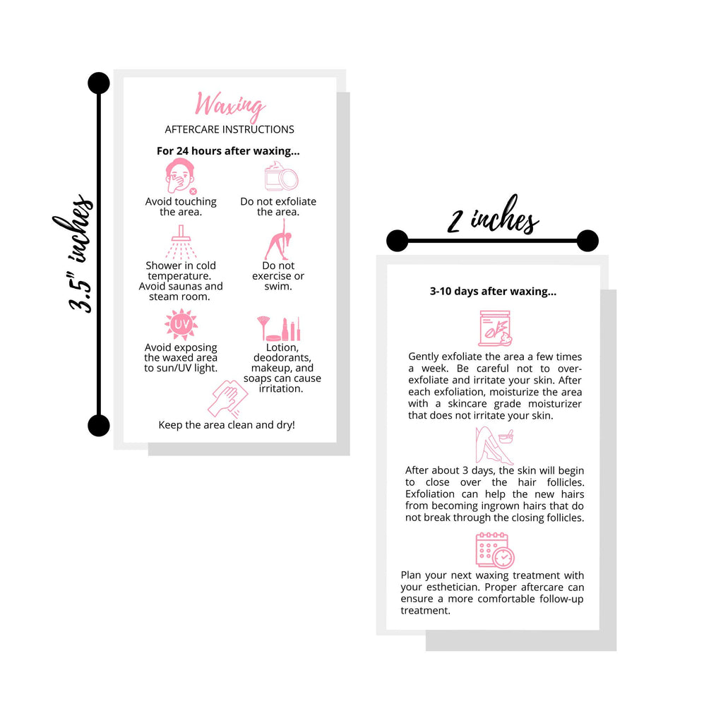 Waxing Aftercare Cards | 50 Pack | Size 2 x 3.5” inches Business Card Size | Waxing Aftercare Kit Cards PMU | Aftercare Instructions White with Pink Icons Design