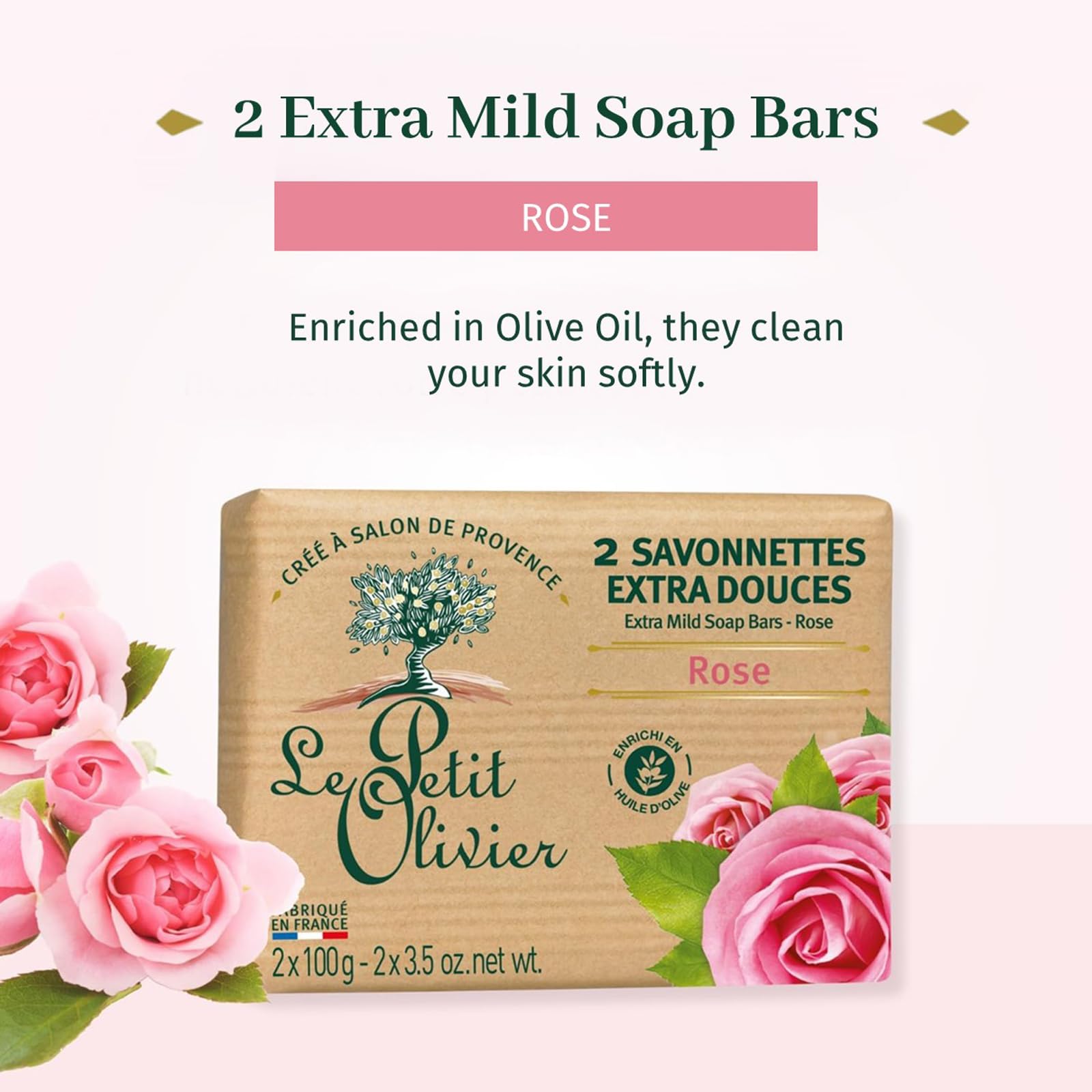 Le Petit Olivier Extra Mild Soaps - Rose for Women - 2 x 3.5 oz Soap