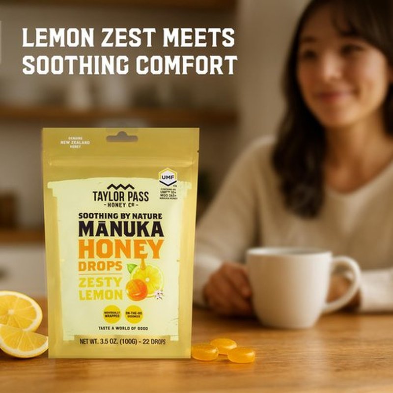 Taylor Pass Honey Co Mānuka Honey Drops UMF™ 10+ - Zesty Lemon Lozenges | Soothing On-The-Go Relief | 22 Wrapped Drops