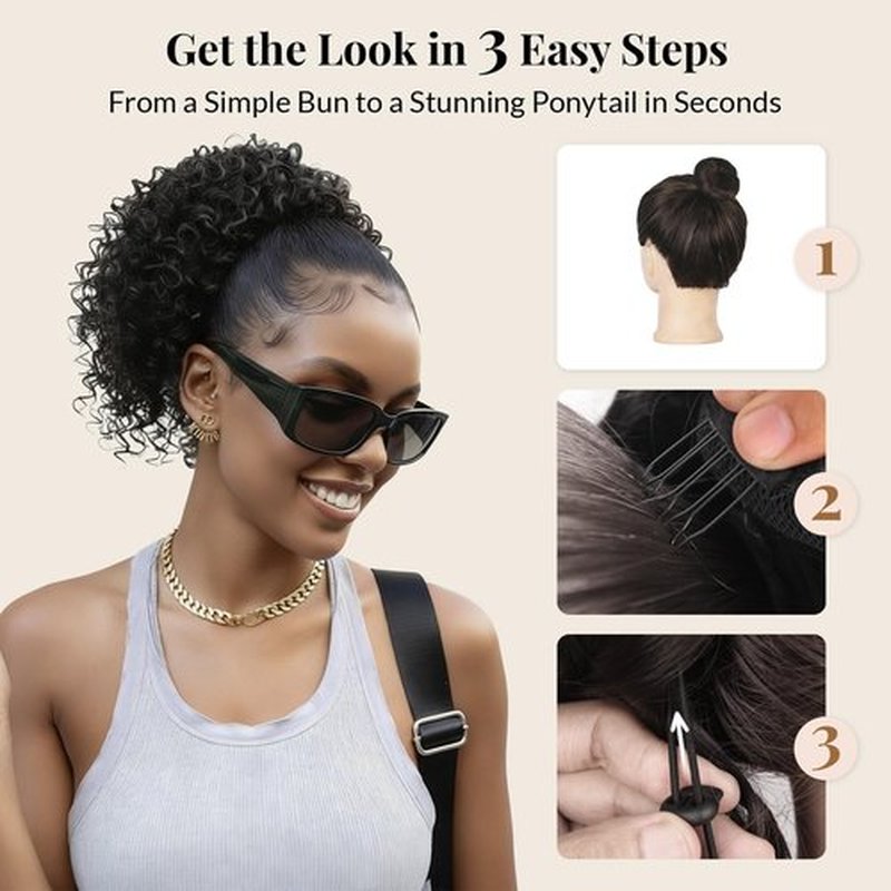LEEONS Drawstring Ponytail for Black Women, 10 Inch Afro Kinky Curly Updo Hair Piece with 4 Secure Clips, Soft Texture for Daily & Party Wear (1B Natural Black)