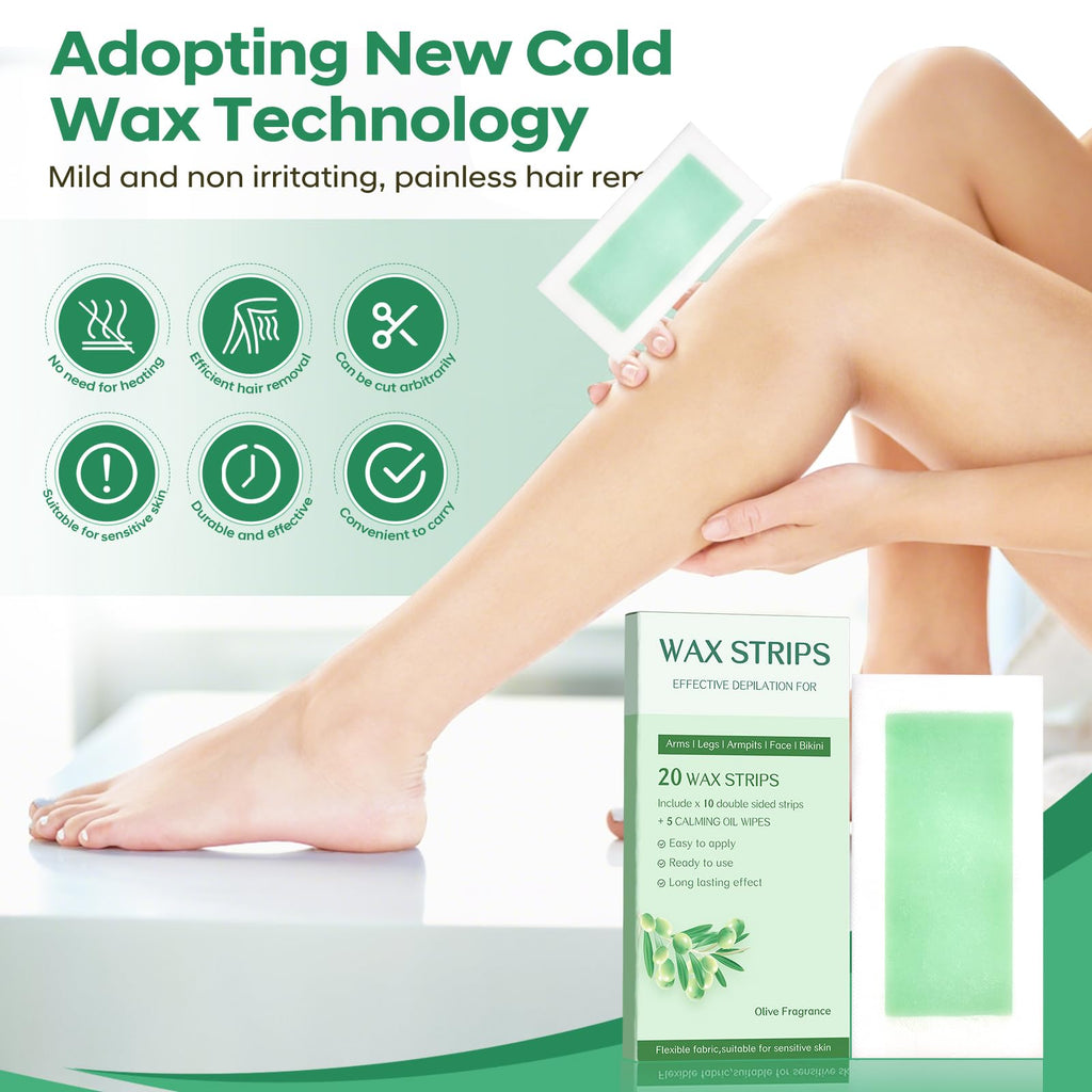 Wax Strips Body for Hair Removal – No Heat Body Waxing Strips for Legs, Arms, Underarms & Bikini Line | Large Wax Strips Body, Cut to Size | At-Home Waxing Solution | 18 Count & 5Calming Oil Wipes