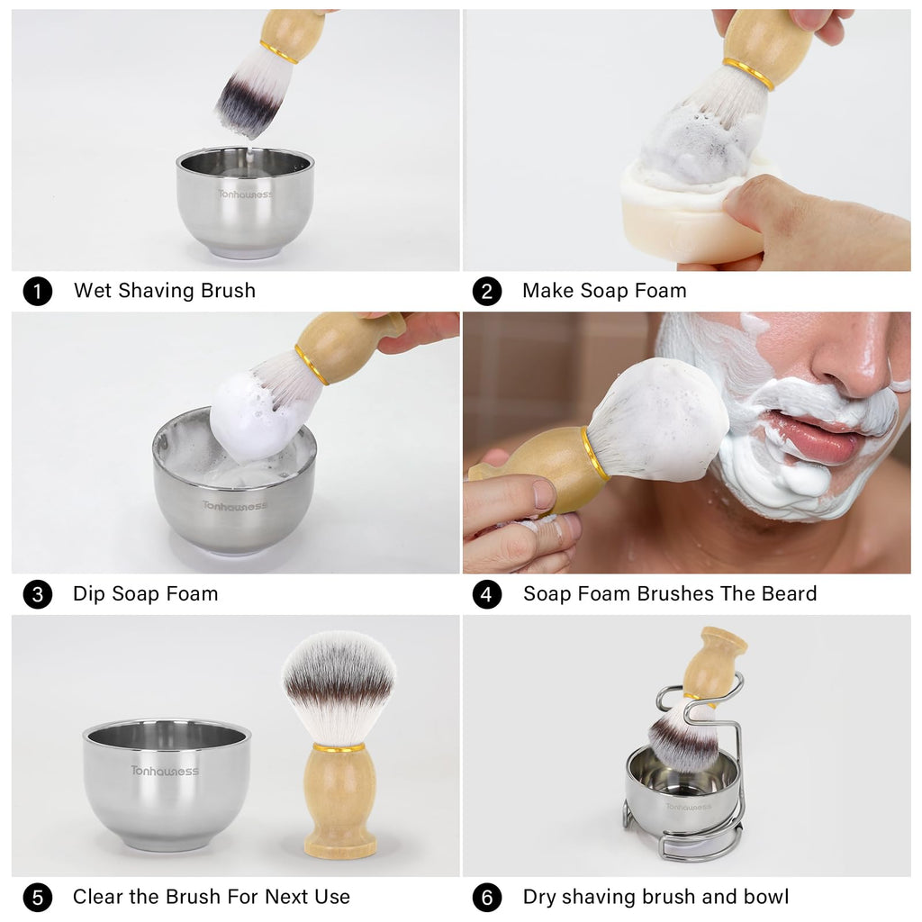 Tonhawness Shaving Brush Kit for Men, 4 in 1 Shaving Brush Set Includes Nylon Shaving Brush, Shaving Soap and Stainless Steel Shaving Bowl & Stand for Men’s Wet Shave Gift
