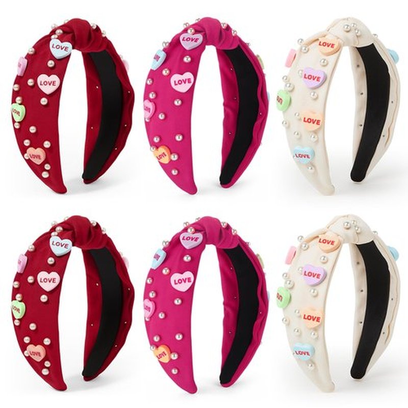 Hoteam 6 Pieces Valentine Headband for Women Beaded Love Heart Headband Pearl Rhinestone Crystal Jeweled Knotted Hairband for Valentine Hair Accessories Gifts(Red, Rose Red, White)