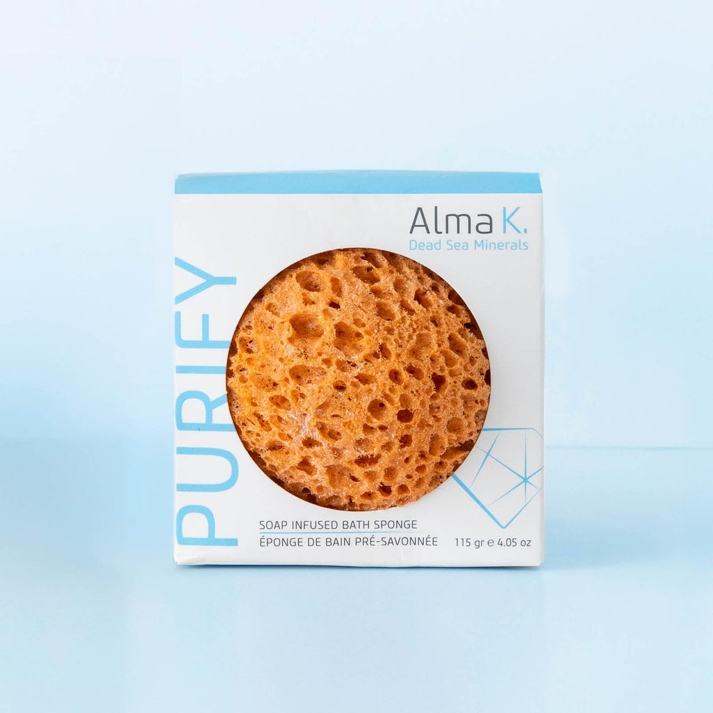 Alma K Soap Infused Bath Sponge - Bath & Shower Loofah for Women - Exfoliating Body Scrubber with Sweet Almond and Aloe Vera - White Tea and Neroli Scent - Use 20 Plus Times - 4.05 oz
