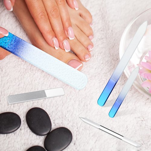 Lanties 5 Pcs Glass Nail File Set Callus Remover Foot Rasp Manicure Tool Include 2 Crystal Glass Nail and 1 Foot File 1 Cuticle Pusher One Nano Shiner Buffer Polisher for Beauty