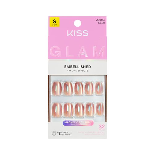 KISS GLAM Embellished Press On Nails Short, Golden Hour Affairs, Pink, Squoval, 32 Count