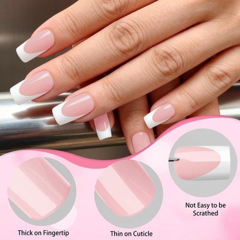 280pc French Tips Press on Nails Medium Square Fake Nail with Glue Tabs, French Tips Glue on Nails Press on Nail Square Acrylic Nails Medium Artificial Fingernails Women Girls Light Pink False Nails