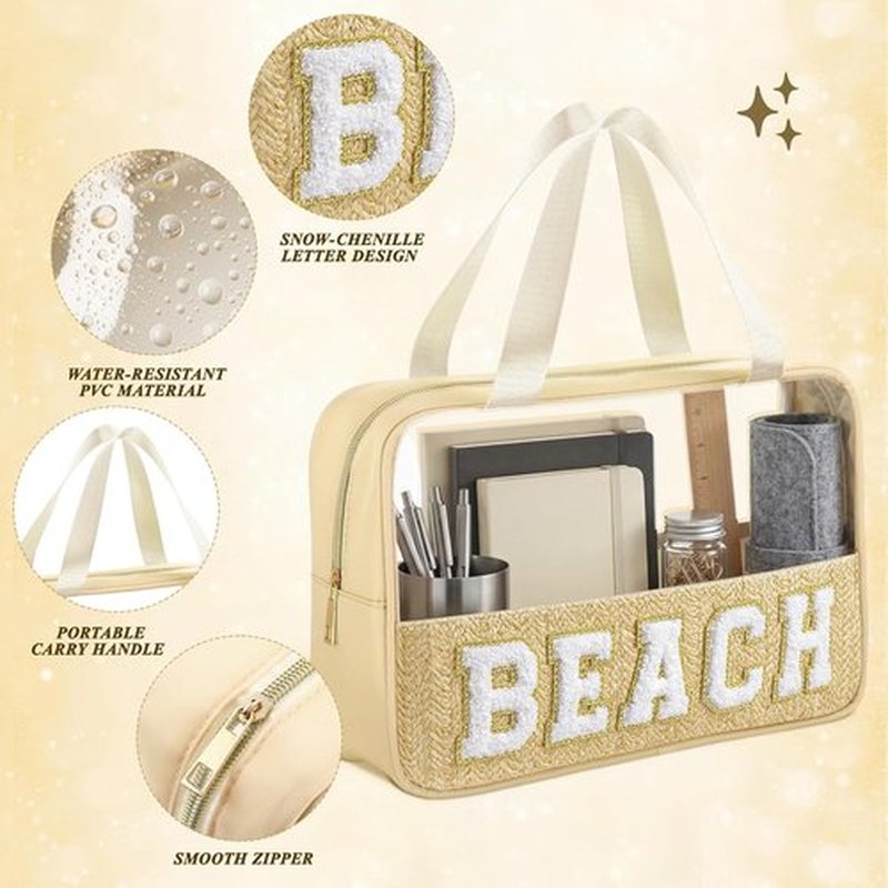 Kajaia Clear Beach Bag - Large Woven Transparent Makeup & Toiletry Storage | Boho Preppy Design - Beige