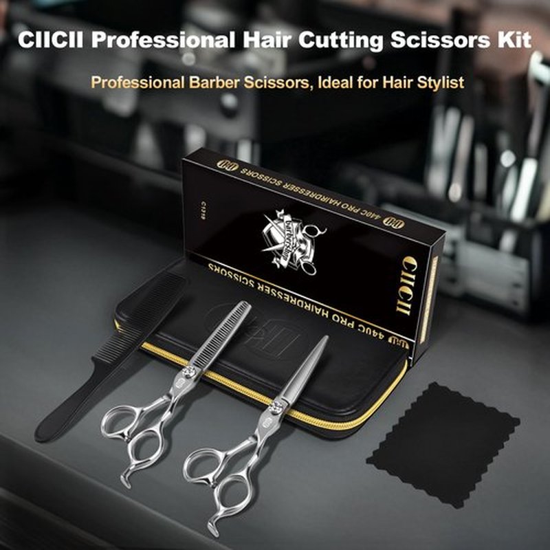 CIICII Professional Hair Cutting Scissors Shears Kit, 440C 7 Inch Barber Haircut Scissors Set (Hair Beard Trimming Haircutting Thinning Shears) for Hairdressing Stylist Hairdresser Salon Home