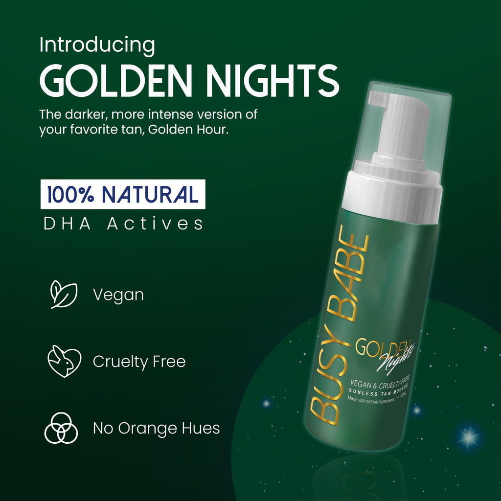 Busy Babe Self Tanner - Golden Nights Express Rapid Dark Tanning Mousse - Deeper Sun-Kissed Glow with Mitt - Vegan, Cruelty-Free, Instant Tan, Self Tanning Mousse Pump - 7.2 oz, No Orange Hues