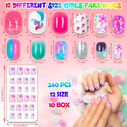 240 Pieces Press on Nails Girls Fake Nails for Kids Artificial Kids Press on Nails Full Cover Short Acrylic Stick On Nails False Nail Tips Kit for Children Little Girls Nail Art Decoration