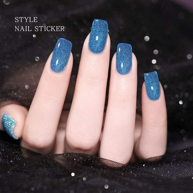 JMEOWIO Semi Cured Gel Nail Strips Blue Glitter Gel Nail Stickers Nails Art Design Decoration Accessories