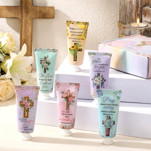 Heigble 6 Pcs Christian Gifts Bulk for Women Valentine's Day Cross Hand Cream Bulk Travel Size Easter Bible Verse Gifts Jesus Religious Scripture Faith Party Favors for Sunday Prayer Church Mothers