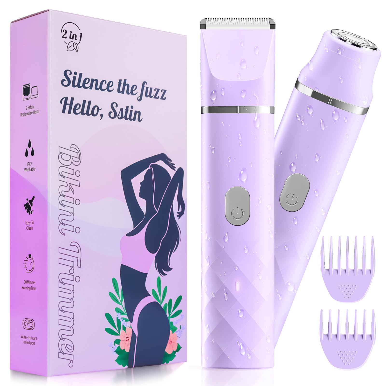 Bikini Trimmer for Women, IPX7 Waterproof, Painless Rechargeable Electric Razor Remover, 2-in-1 Facial & Pubic Hair Removal for Sensitive Skin, Portable Travel Size, Women’s Gift, Purple