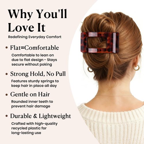 4 PCS Flat Hair Clips - French Rectangle Lay Down Claw Clips for Women Girls, Strong Hold Square Hair Accessories for Thick Thin Hair, Comfortable Curved Design for Lying, Driving and More (Tortoise)