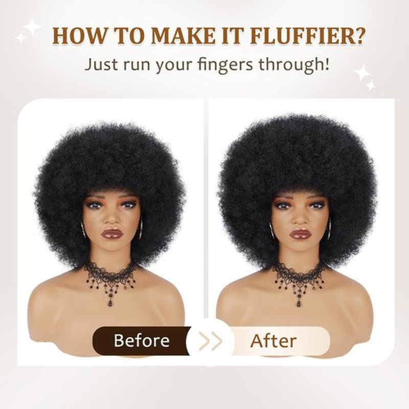 BESSY HAIR Black Afro Wigs for Women, 70s Disco Wig with Bangs Big Bouncy Fluffy Puff and Soft Natural Look Synthetic Black Hair Curly Afro Wigs for Daily Party Cosplay Costume Halloweeen 14 Inch