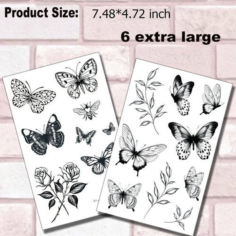 Tazimi 6 sheets large Black Butterfly Temporary Tattoos for Women-flowers butterflies Hummingbird swallow Rose Temporary Tattoos Waterproof Long Lasting Tattoos Stickers Sexy Fake Tattoo for Adults
