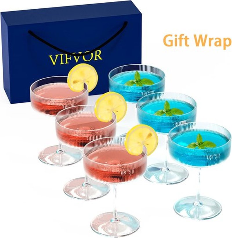 Skiennix 10 oz Ribbed Coupe Cocktail Glasses - Elegant Hand Blown Martini Set in Gift Box | 6 Pcs