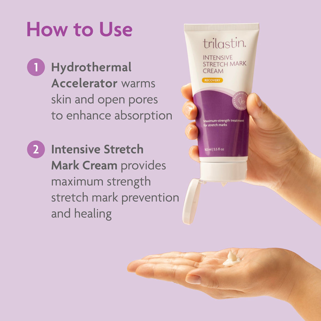 TriLASTIN Stretch Mark Cream & Serum Bundle - Intensive Stretch Mark Cream Treatment - Hyaluronic Acid Hydrothermal Accelerator - Maternity Skin Care Essential - 5.5 Oz Jar, 3 Oz Accelerator