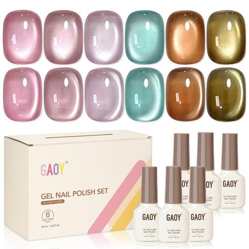 GAOY Cat Eye Gel Nail Polish Set - 6 Colors of Translucent Holographic Glitter | Soak Off UV Gel for Salon & DIY Nail Art