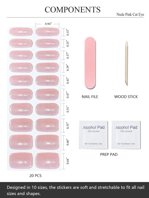 AutyaMee Semi Cured Gel Nail Strips (Nude Pink Cat Eye), Light-Chasing, 20 Pcs Gel Nail Wraps, Stickers, Works with Any UV Lamps