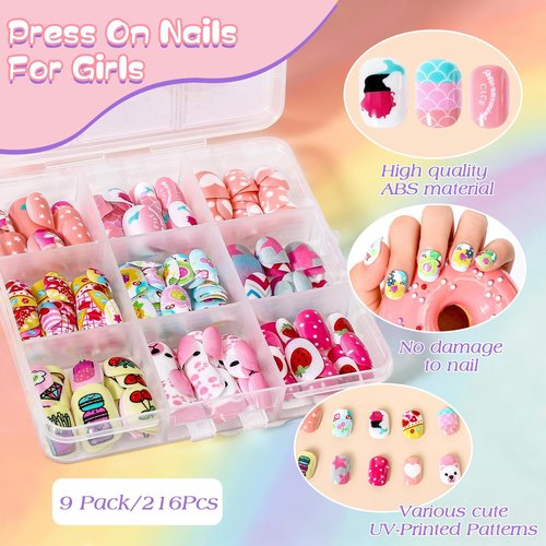216Pcs Press on Nails for Girls 9 Styles 12 Sizes - Kids Fake Nails Kit for Ages 6-12, Short Acrylic Nails with Adhesive Tabs, Nail File Set for Girls Teens