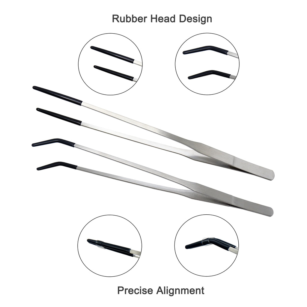 2 PCS Long 10.6" Stainless Steel Reptile Feeding Tongs with Rubber Tip, Straight & Curved Tweezers for Aquariums & Crafts, Feeder Tools for Bearded Dragon, Lizards Snake, Terrarium Supplies (Silver)
