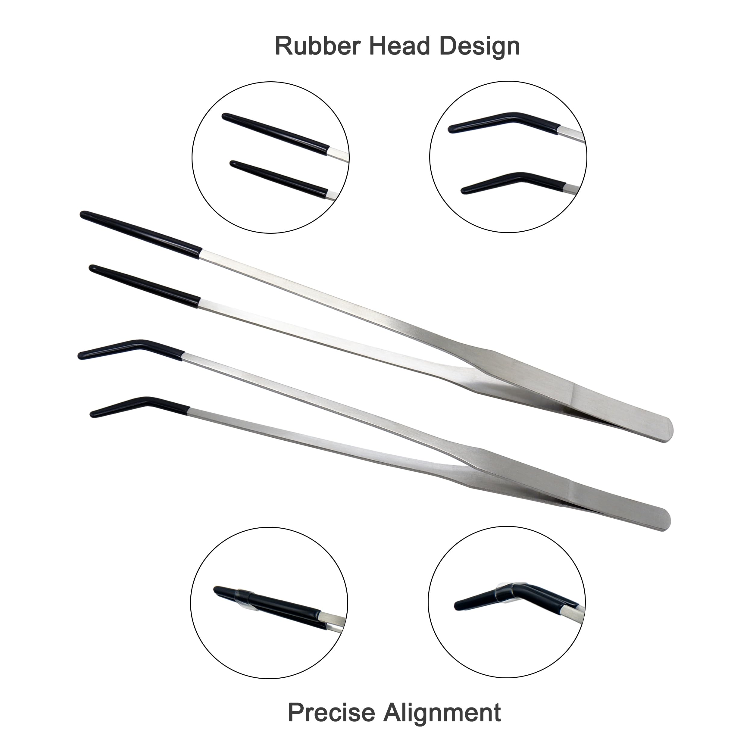 2 PCS Long 10.6" Stainless Steel Reptile Feeding Tongs with Rubber Tip, Straight & Curved Tweezers for Aquariums & Crafts, Feeder Tools for Bearded Dragon, Lizards Snake, Terrarium Supplies (Silver)