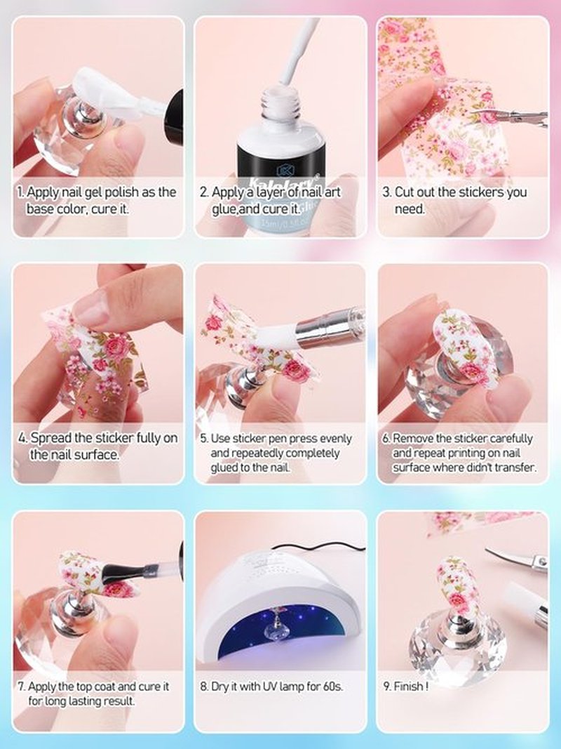 Kalolary 30ML Nail Foil Glue Gel with 80Pcs Foil Transfer Stickers Set, Holographic Nail Art Transfer Stickers DIY Decoration for Salon or Home Use