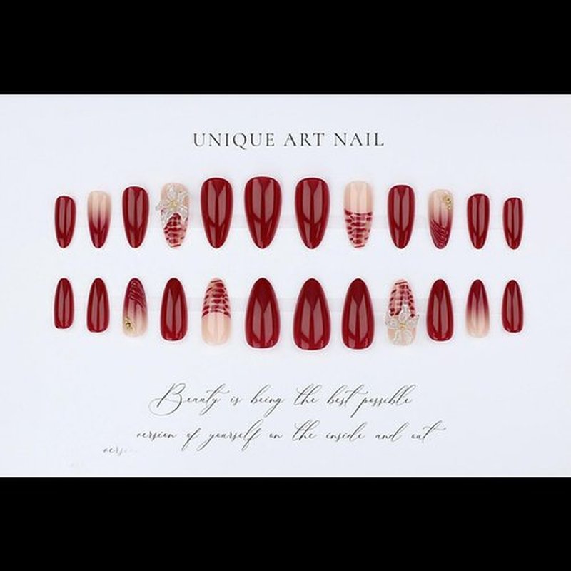 Almond Press on Nails Long Fake Nails Red Artificial Nail Flowers Designs Cute Stick on Nail for Women 24pcs