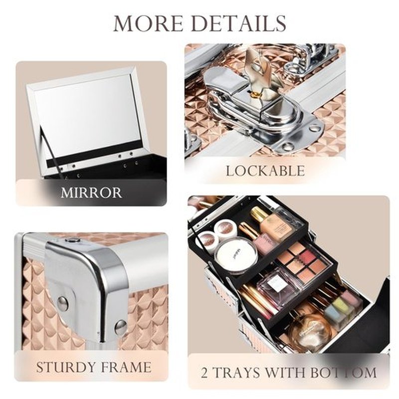 FRENESSA Makeup Case - Portable Train Case with Mirror & Lock | Rose Gold Cosmetic Organizer for Travel