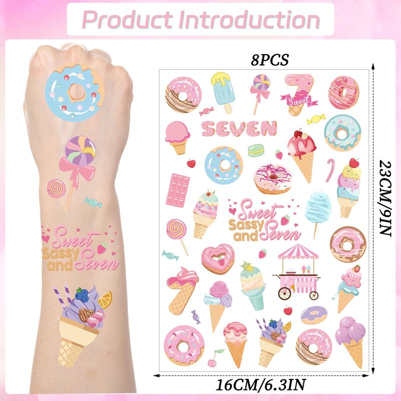 Yoyuspy Sweet Donut Tattoos Stickers - 200+ Sweet Sassy and Seven Birthday Decorations Ice Cream Doughnut Temporary Tattoo Stickers Happy 7th Birthday Party Decoration Favors Supplies Prizes Gifts