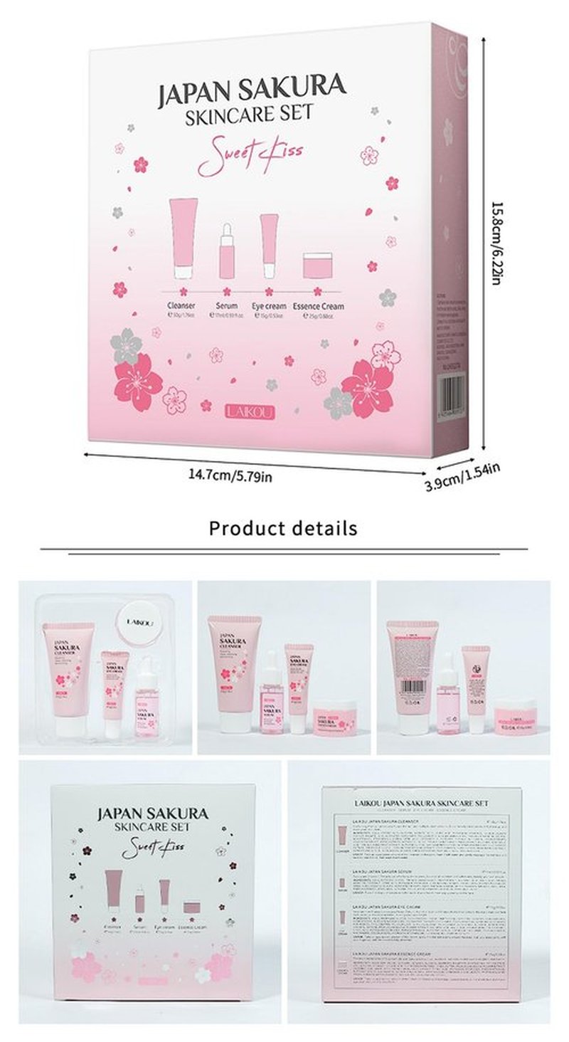 Travel Skincare Kit - Sakura Gentle Korean Skin Care Set for Teen Girls & Women | Hydrating Cleanser, Anti-Aging Serum, Moisturizer, Eye Cream - Radiant Skin Mini Holiday Box Gift (4PC)