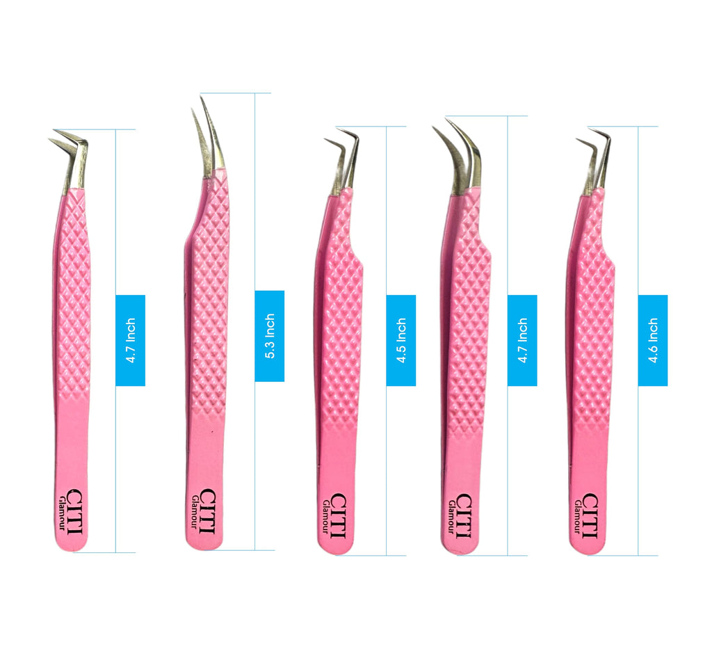 CITI GLAMOUR Lash Tweezers For Eye Lash Extension set of 5 Precise Fiber Tip with Diamond Grip Complete set for Volume Lashes Pink