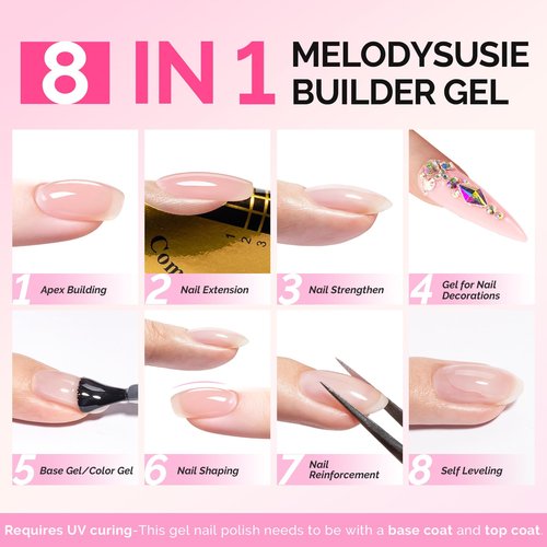 MelodySusie Builder Gel Nail Polish Set, Base Colors Nude Pink Clear 8 in 1 Nail Thickening Rubber Base Gel Polish,Soak Off UV Extension,Rhinestone Nail Glue in a Bottle Gift for Women 6 Colors