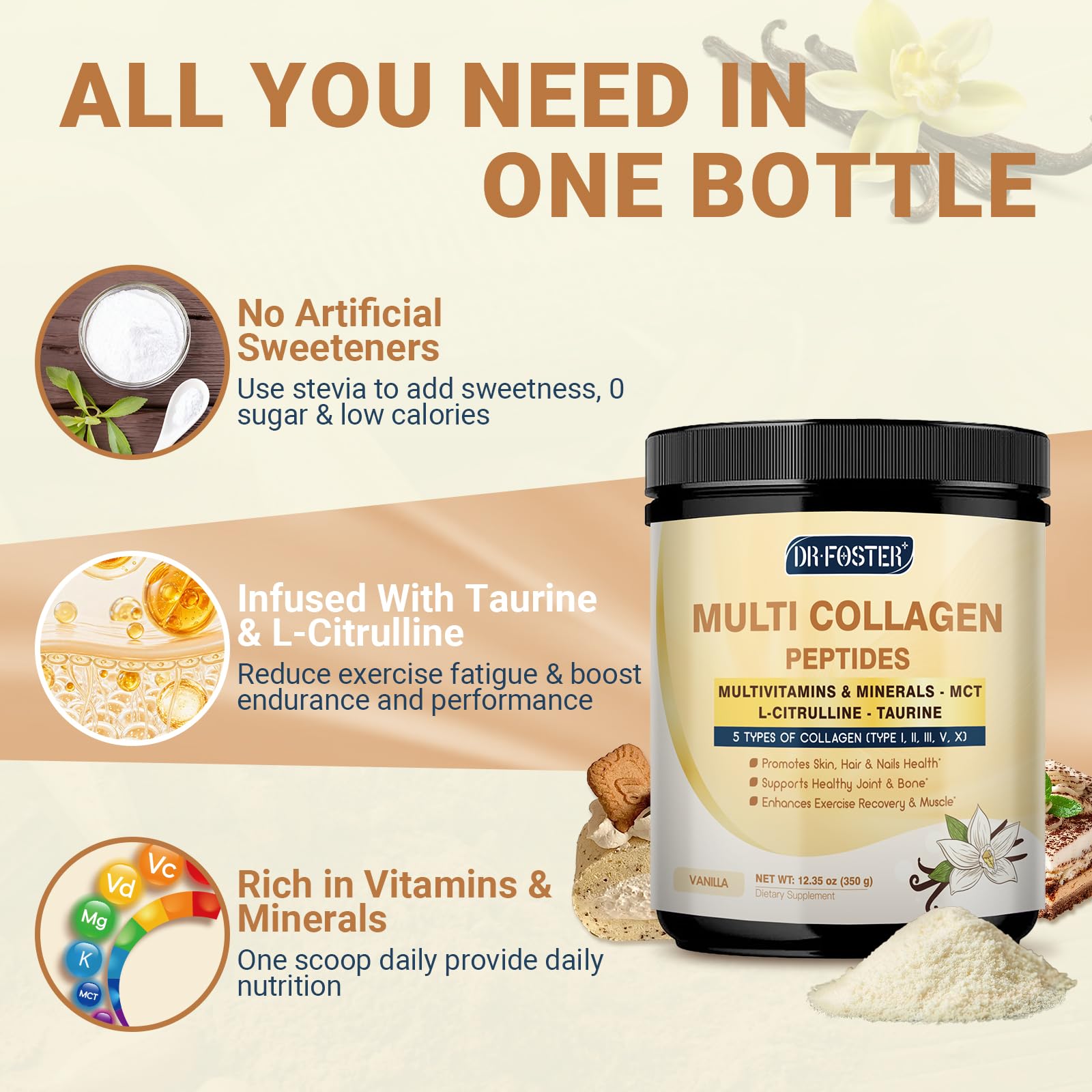 DRFOSTER Vanilla Collagen Peptides Powder for Women & Men, Multi Type I II III V X Collagen with multivitamins & Minerals for Skin, Hair & Nails & Joints, Non-GMO, 35 Servings