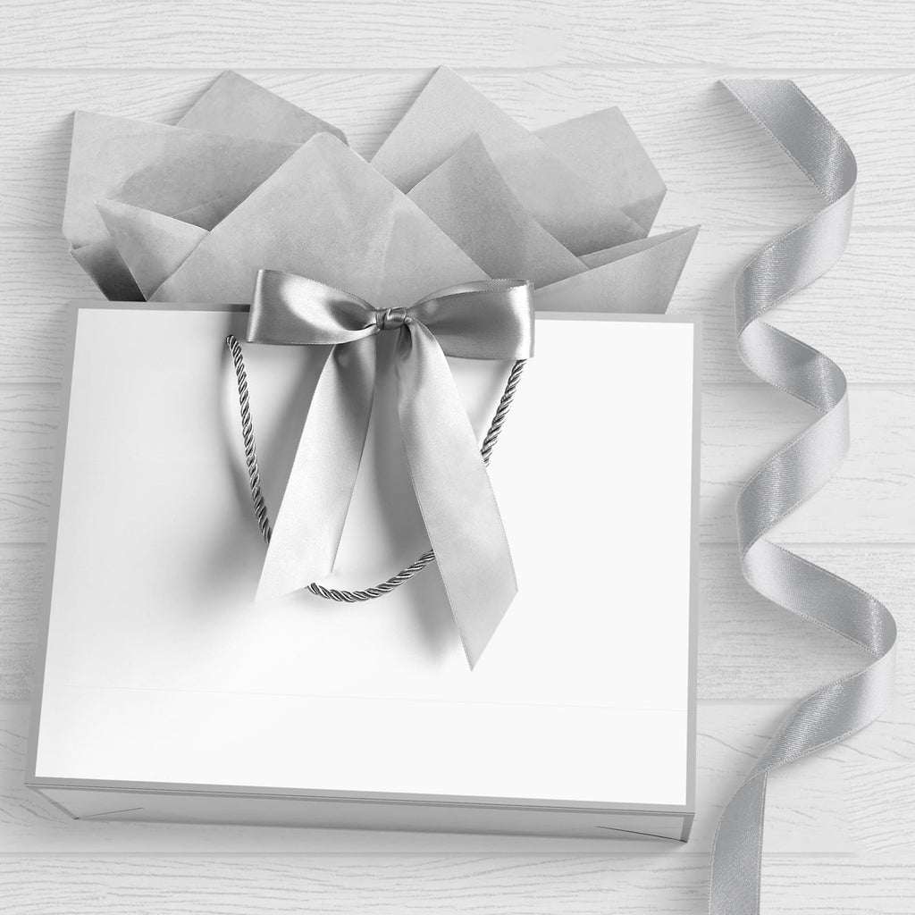 JMANNI Gift Bags with Handles, 13” Medium Gift Bag for Presents, 1 Pcs Bags with 2 Tissue Paper and 1 Cards for Baby Shower Wedding Bridal Shower Mother's Day Birthday Party (Silver)