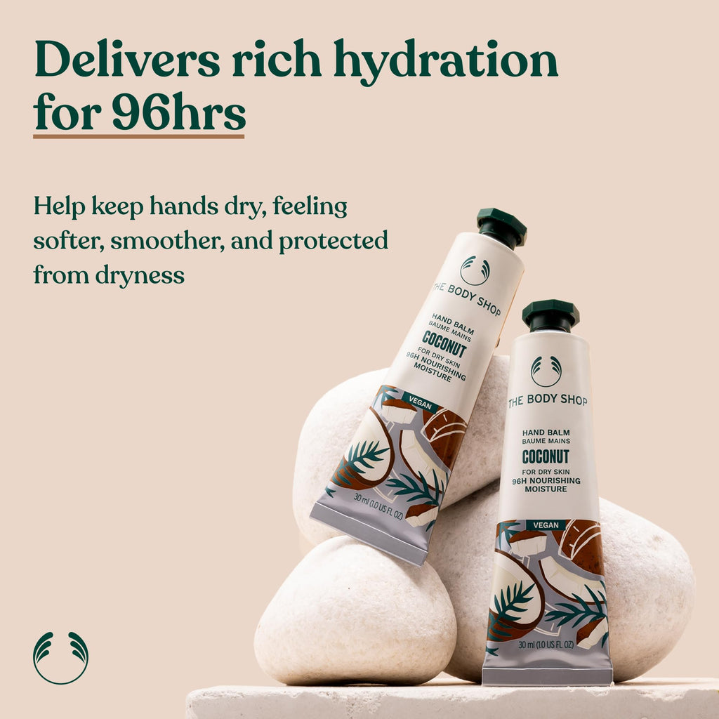 The Body Shop Hand Balm | 96hr Nourishing Moisture for Dry Cracked Hands | with Shea Butter, Non-greasy, Vegan, 30 ml / 1.0 oz (Coconut)
