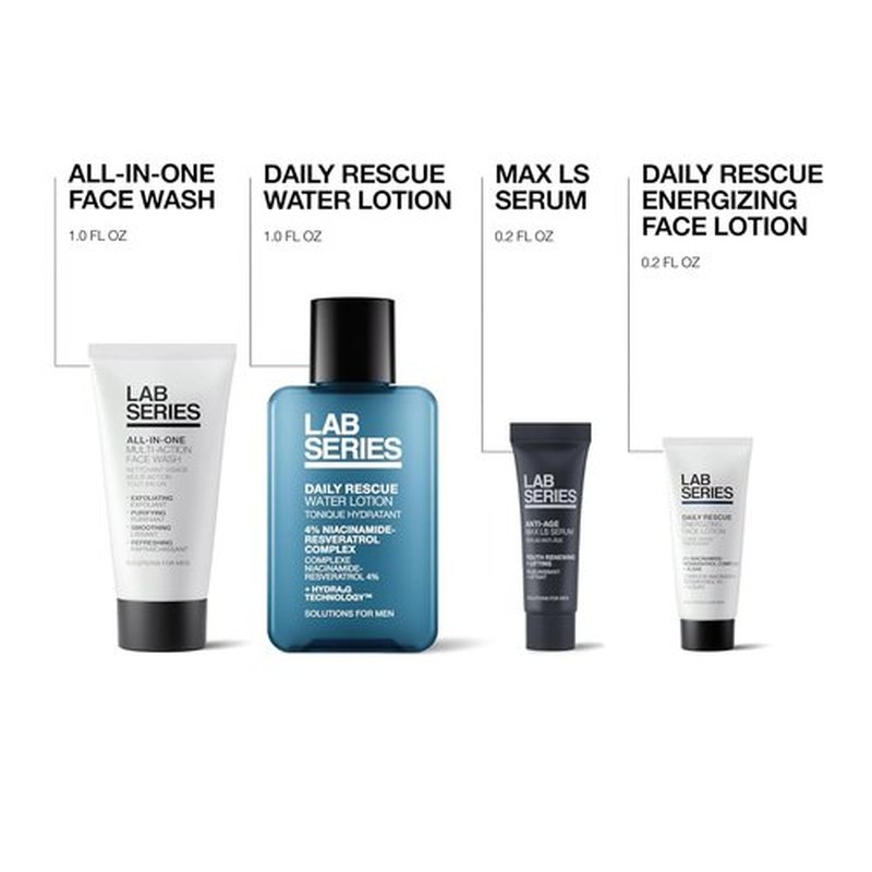 Lab Series Travel Size Skin Care Gift Set for Men - All-In-One Face Wash, Toner, Lotion & Serum