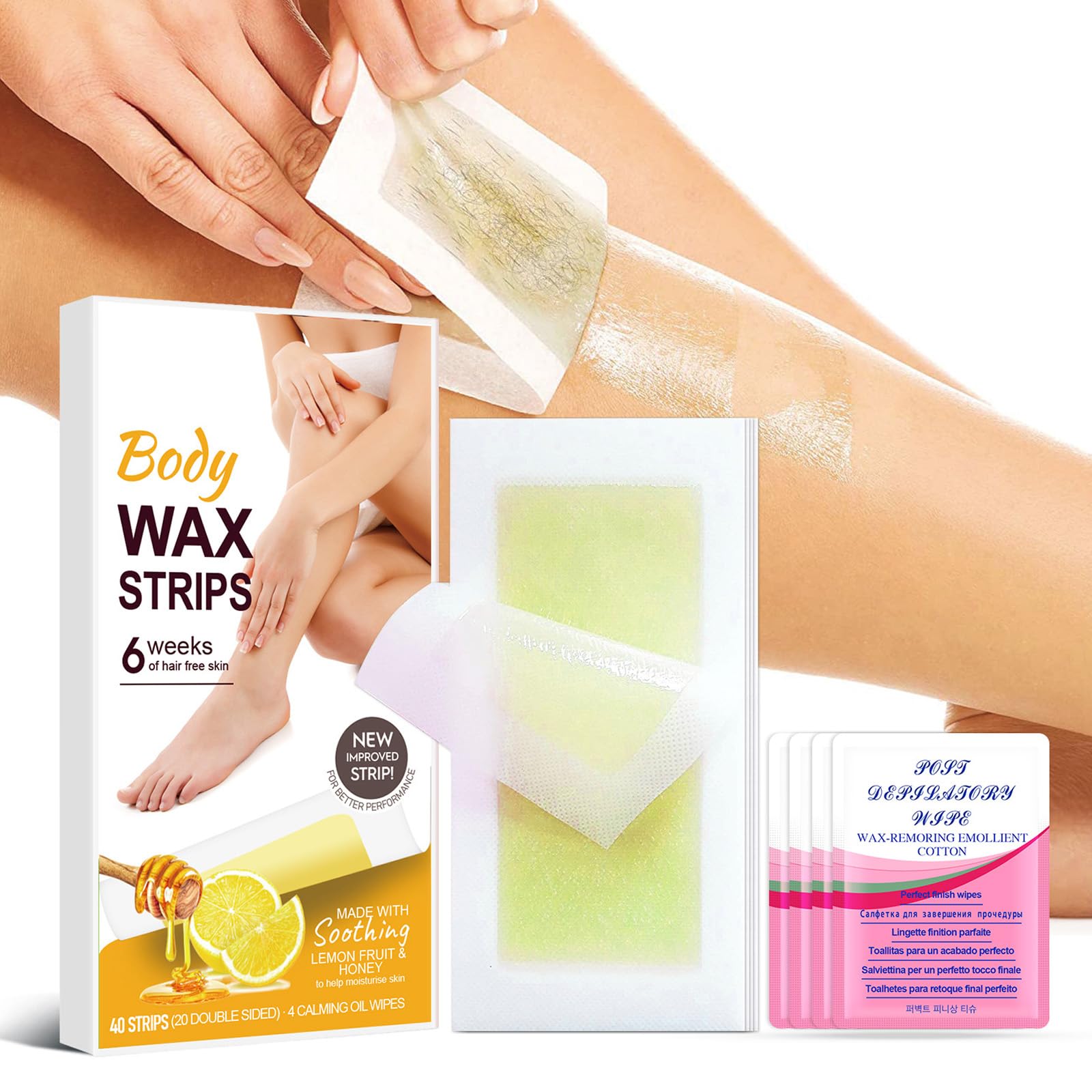Wax Strips for Hair Removal,Hair Removal Wax Strips-20 Doublesided Wax Strips + 4 Calming Oil Wipes for Women, Face, Body, Arms, Legs, Chest, Back,for All Skin Types