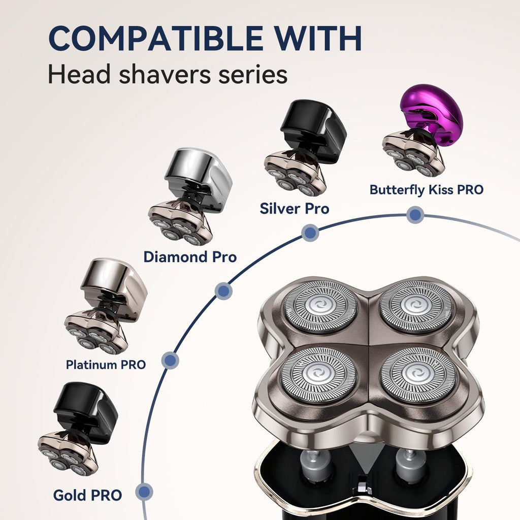 3 Pack Pro 4 Shaver Replacement Blades Compatible with Skulls Pitbulls Series Gold PRO, Silver PRO, Platinum PRO, Butterfly Kiss PRO Head Shavers, Floating 4 Heads Design, Shaver Replacement Head