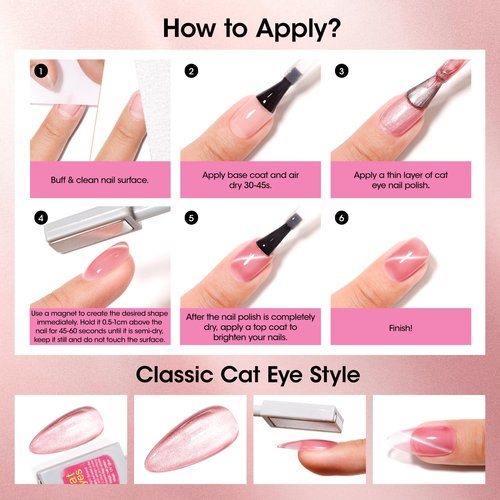 GELLEN Quick Dry Cat Eye Nail Polish, Magnetic Pink Fingernail Polish, Fast Drying Glitter Holographic Nail Polish Non Gel with Magnet Tool, DIY Salon Home, Valentine's Gift for Her